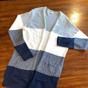 Blue and White Colorblock long Cardigan
